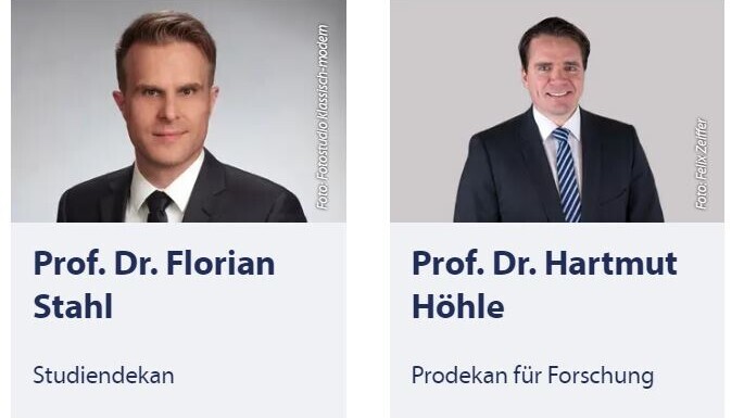 Screenshot von Uniwebsite: Foto mit Unterschrift "Prof. Dr. Florian Stahl. Studiendekan" Daneben Foto mit Unterschrift "Prof. Dr. Hartmut Höhle. Prodekan für Forschung"