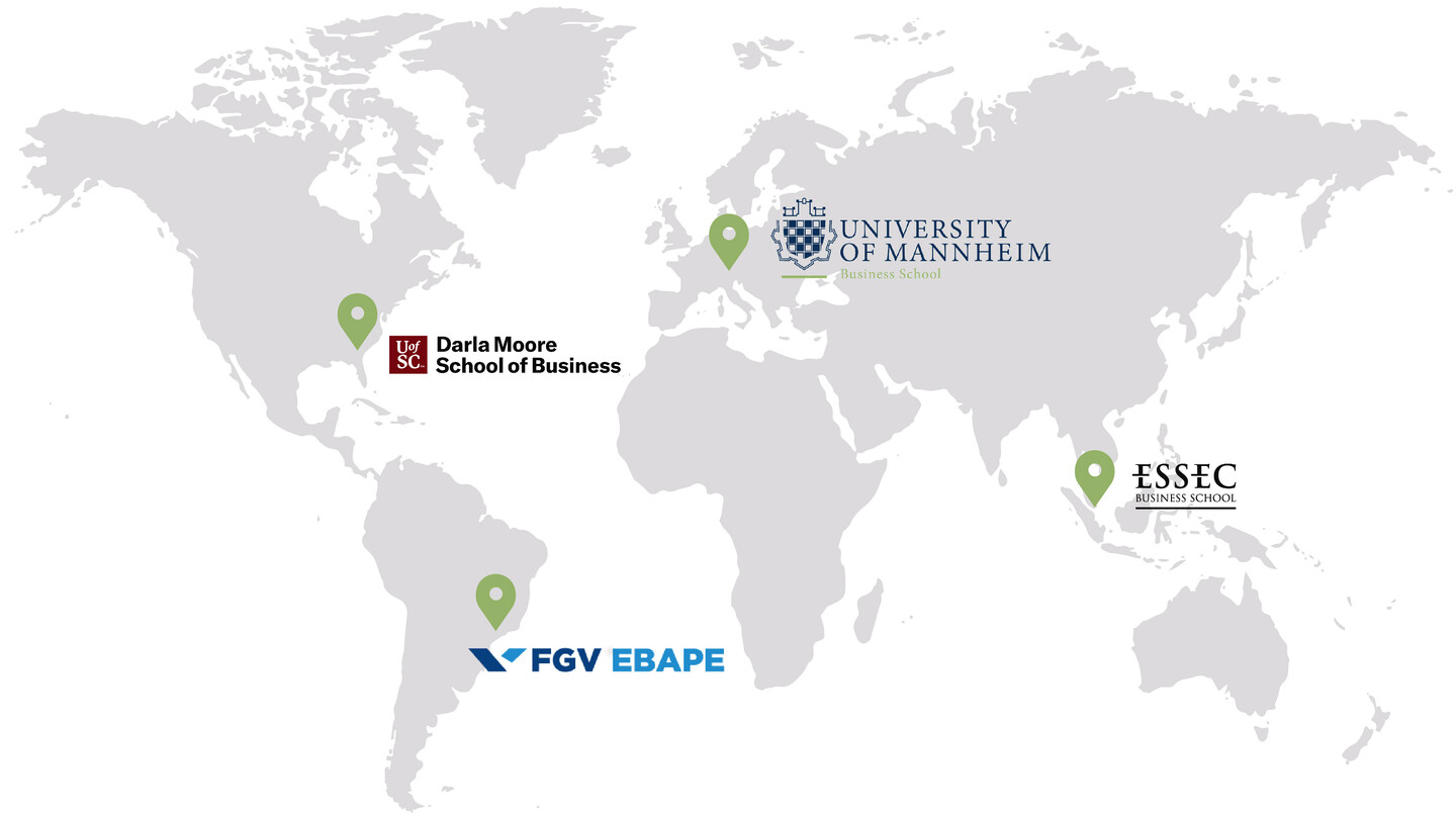 Weltkarte mit Partnerunis ESSEC, FGV und Darla Moore  School of Business