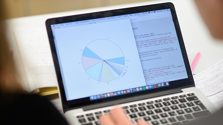 Ein aufgeklappter Laptop, auf dem ein Tortendiagramm gezeigt wird. Umrisse von zwei Personen, die auf den Bildschirm schauen..